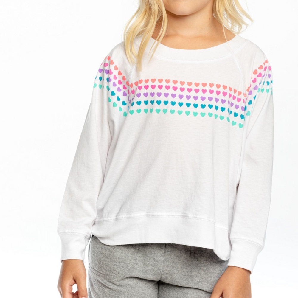 Chaser Rainbow Hearts long sleeve raglan t-shirt. Size 14, NWT.